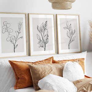 Neutral Wall Art Set of 3 Prints, Botanical Print Set, Botanical Line Art Prints, Beige Home Decor, Moody Floral Art Digital Download image 3