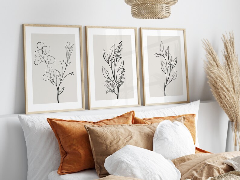 Neutral Wall Art Set of 3 Prints, Botanical Print Set, Botanical Line Art Prints, Beige Home Decor, Moody Floral Art Digital Download image 3