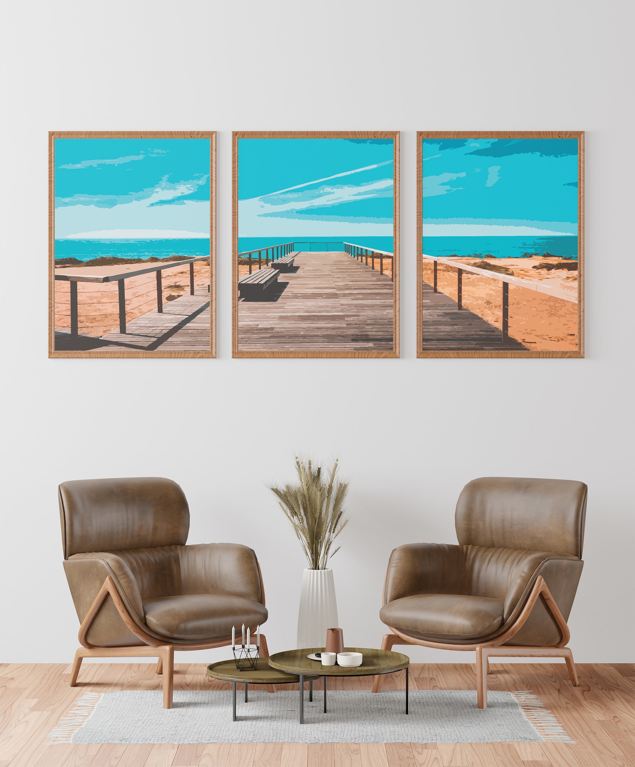 3 Piece Beach Wall Art, Panoramic Wall Art Beach Decor, Blue Sky ...