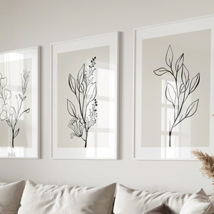 Neutral Wall Art Set of 3 Prints, Botanical Print Set, Botanical Line Art Prints, Beige Home Decor, Moody Floral Art Digital Download