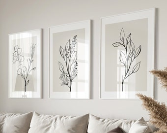 Decoración de pared salón minimalista beige neutro, decoración boho, arte de pared imprimible, cuadros de pared botánicos flores, decoración de pared dormitorio, arte lineal