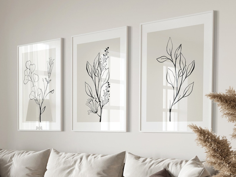 Neutral Wall Art Set of 3 Prints, Botanical Print Set, Botanical Line Art Prints, Beige Home Decor, Moody Floral Art Digital Download image 1