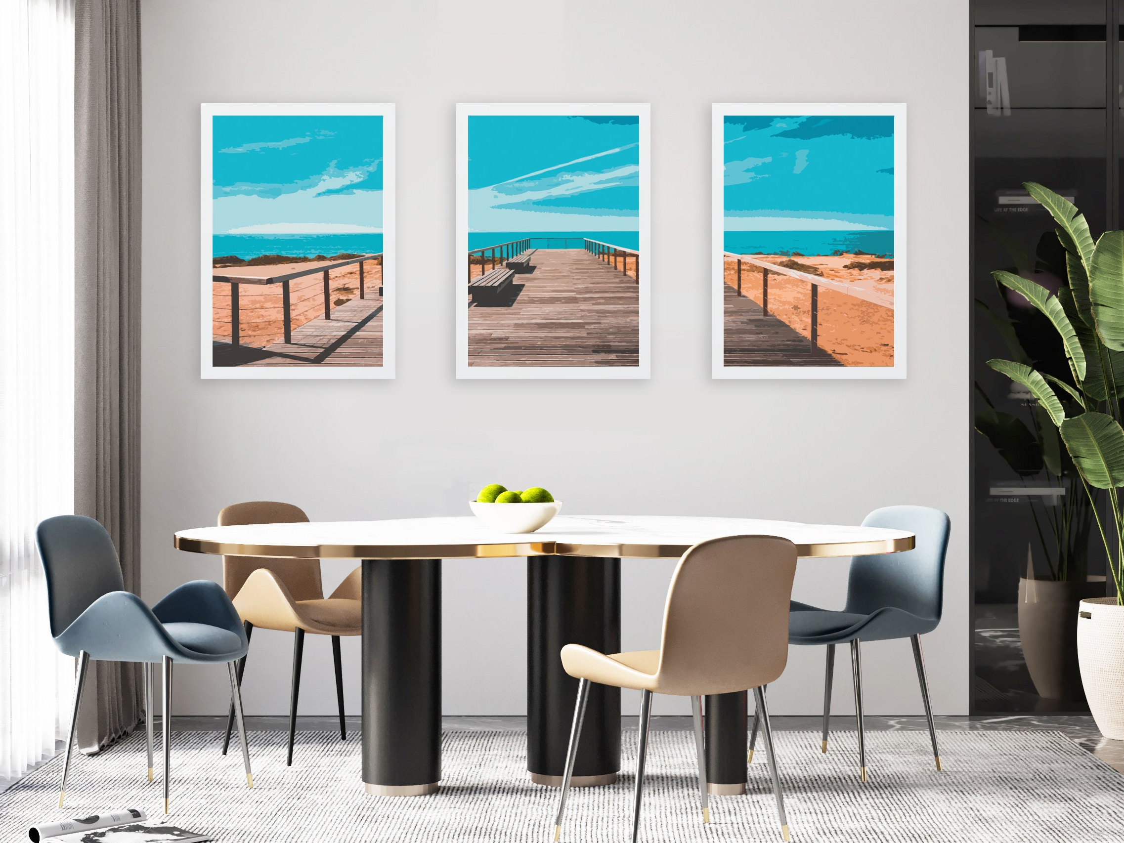 3 Piece Beach Wall Art, Panoramic Wall Art Beach Decor, Blue Sky ...