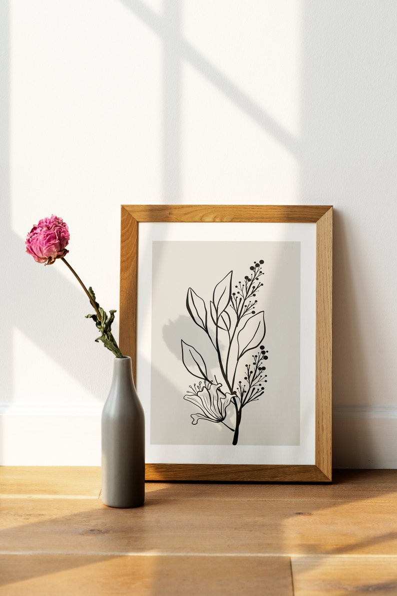 Neutral Wall Art Set of 3 Prints, Botanical Print Set, Botanical Line Art Prints, Beige Home Decor, Moody Floral Art Digital Download image 4