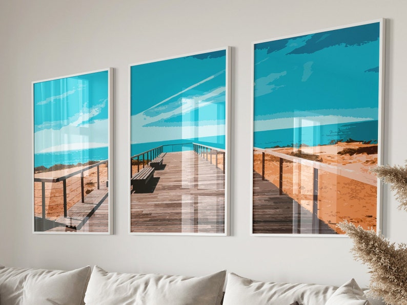3 Piece Beach Wall Art, Panoramic Wall Art Beach Decor, Blue Sky ...