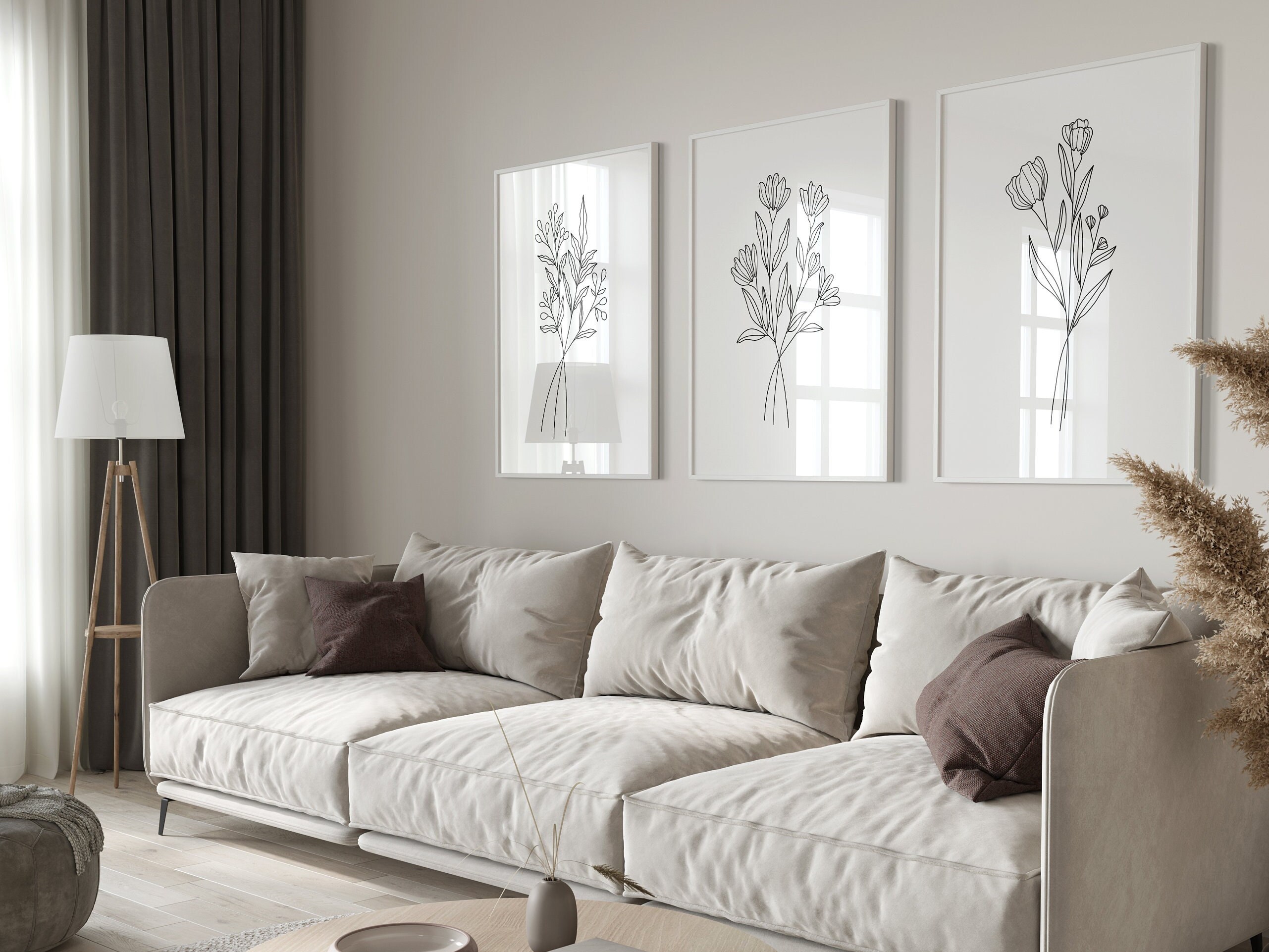 Flower Line Art Print Set of 3, Flower Wall Art, 3 Piece Wall Art ...