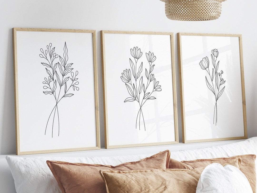Flower Line Art Print Set of 3, Flower Wall Art, 3 Piece Wall Art ...