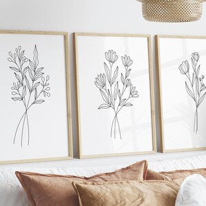 Flower Line Art Print Set of 3, Flower Wall Art, 3 Piece Wall Art, Botanical Print Set of 3 Prints, Minimal Neutral Wall Decor, Floral Decor