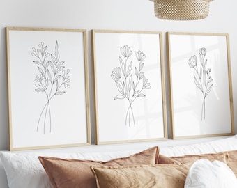 Flower Line Art Print Set of 3, Flower Wall Art, 3 Piece Wall Art, Botanical Print Set of 3 Prints, Minimal Neutral Wall Decor, Floral Decor
