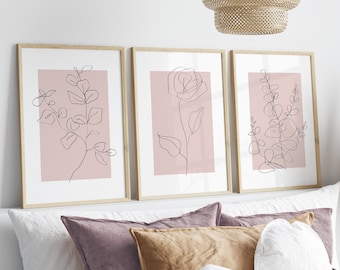 Blush Pink Wall Art Set Of 3, Botanical Wall Decor, Girly Wall Art, Pink Home Decor, Flower Wall Print, Pink Preppy Wall Art, Line Art Decor