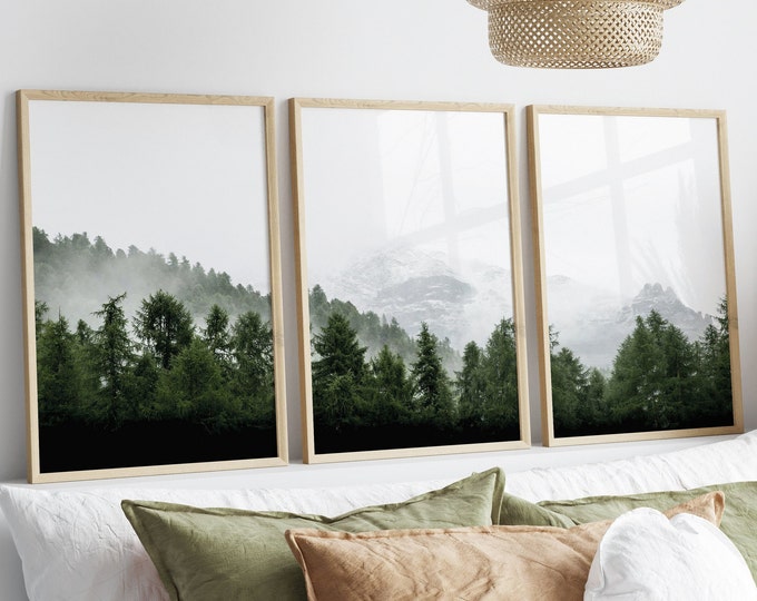 3 Piece Forest Wall Art Print, Set of 3 Forest Landscape Art, Green ...