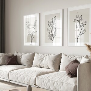 Neutral Wall Art Set of 3 Prints, Botanical Print Set, Botanical Line Art Prints, Beige Home Decor, Moody Floral Art Digital Download image 2