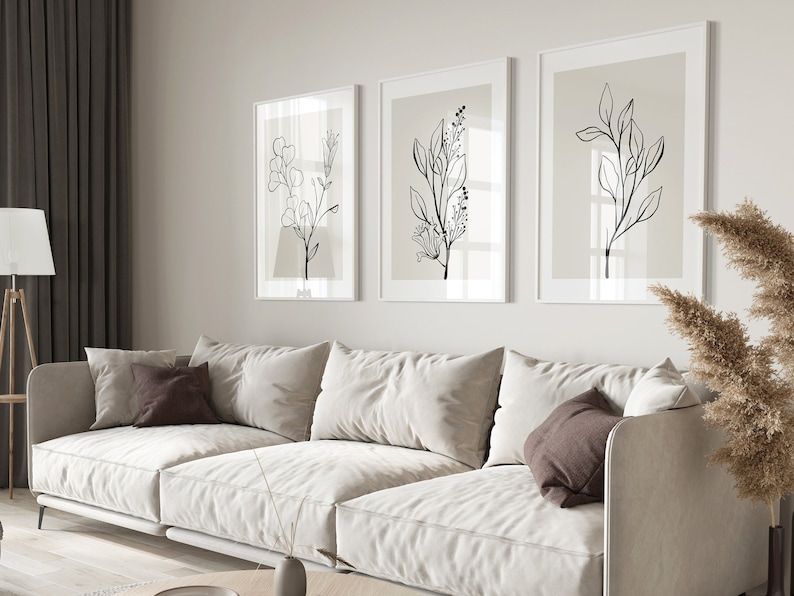 Neutral Wall Art Set of 3 Prints, Botanical Print Set, Botanical Line Art Prints, Beige Home Decor, Moody Floral Art Digital Download image 2