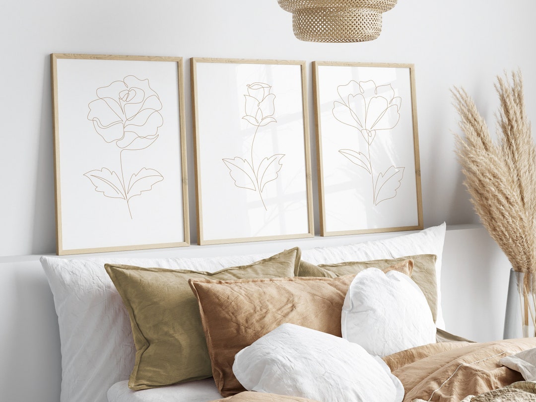 Earth Tone Wall Art Set of 3, Flower Line Art Prints, Minimalist Wall ...