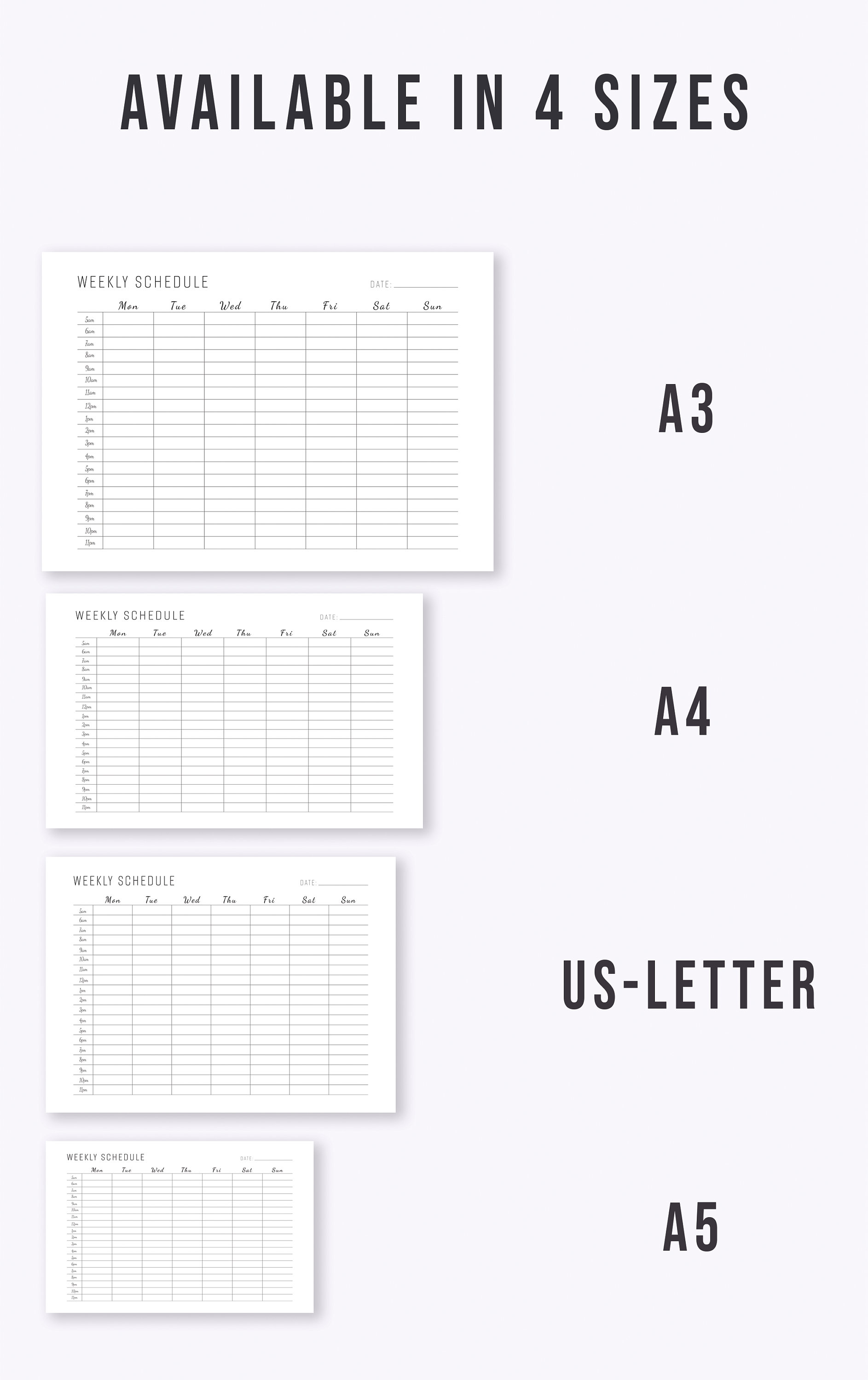 Weekly Schedule, Weekly Planner Printable A5/A4/A3/US Letter, Weekly Planner Inserts, Weekly