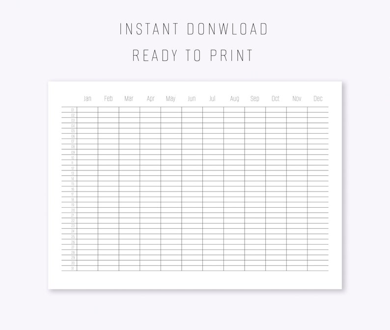 Yearly Planner Printable on 1 Page, Undated Yearly Calendar Template