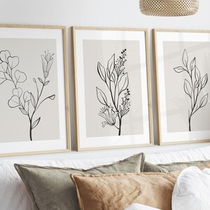 Neutral Wall Art Set of 3 Prints, Botanical Print Set, Botanical Line Art Prints, Beige Home Decor, Moody Floral Art Digital Download image 7
