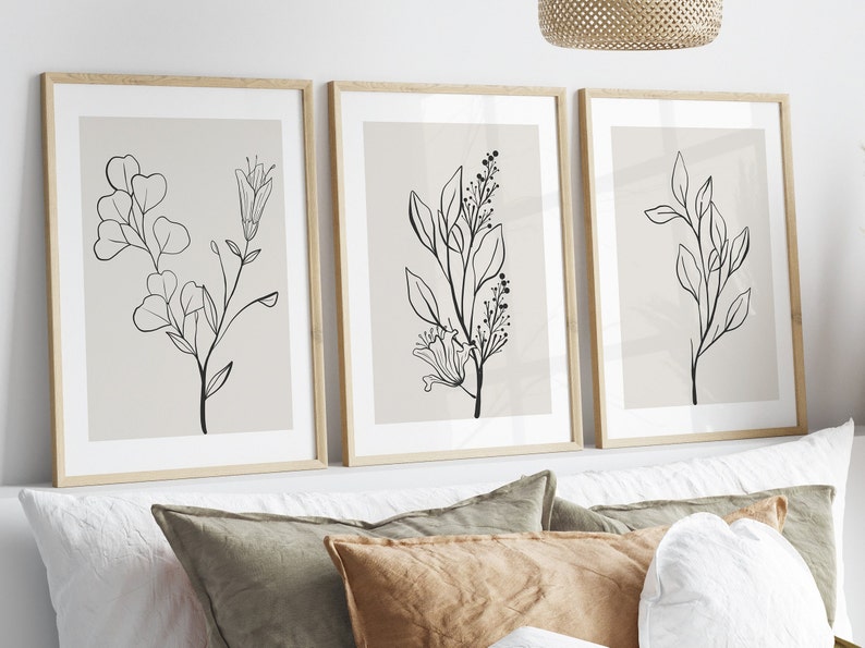Neutral Wall Art Set of 3 Prints, Botanical Print Set, Botanical Line Art Prints, Beige Home Decor, Moody Floral Art Digital Download image 7