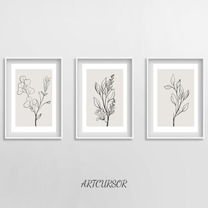 Neutral Wall Art Set of 3 Prints, Botanical Print Set, Botanical Line Art Prints, Beige Home Decor, Moody Floral Art Digital Download image 8