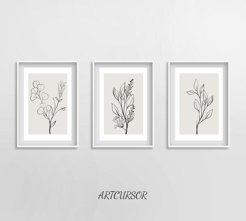 Neutral Wall Art Set of 3 Prints, Botanical Print Set, Botanical Line Art Prints, Beige Home Decor, Moody Floral Art Digital Download image 8