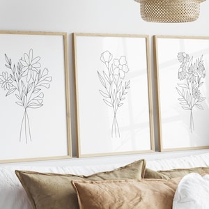 Flower Line Art Prints, Flower Wall Decor Prints, Flower Wall Art, Floral Print, Botanical Prints, Set Of 3 Prints, Minimal Floral Prints