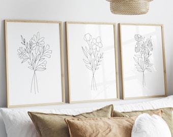 Flower Line Art Prints, Flower Wall Decor Prints, Flower Wall Art, Floral Print, Botanical Prints, Set Of 3 Prints, Minimal Floral Prints