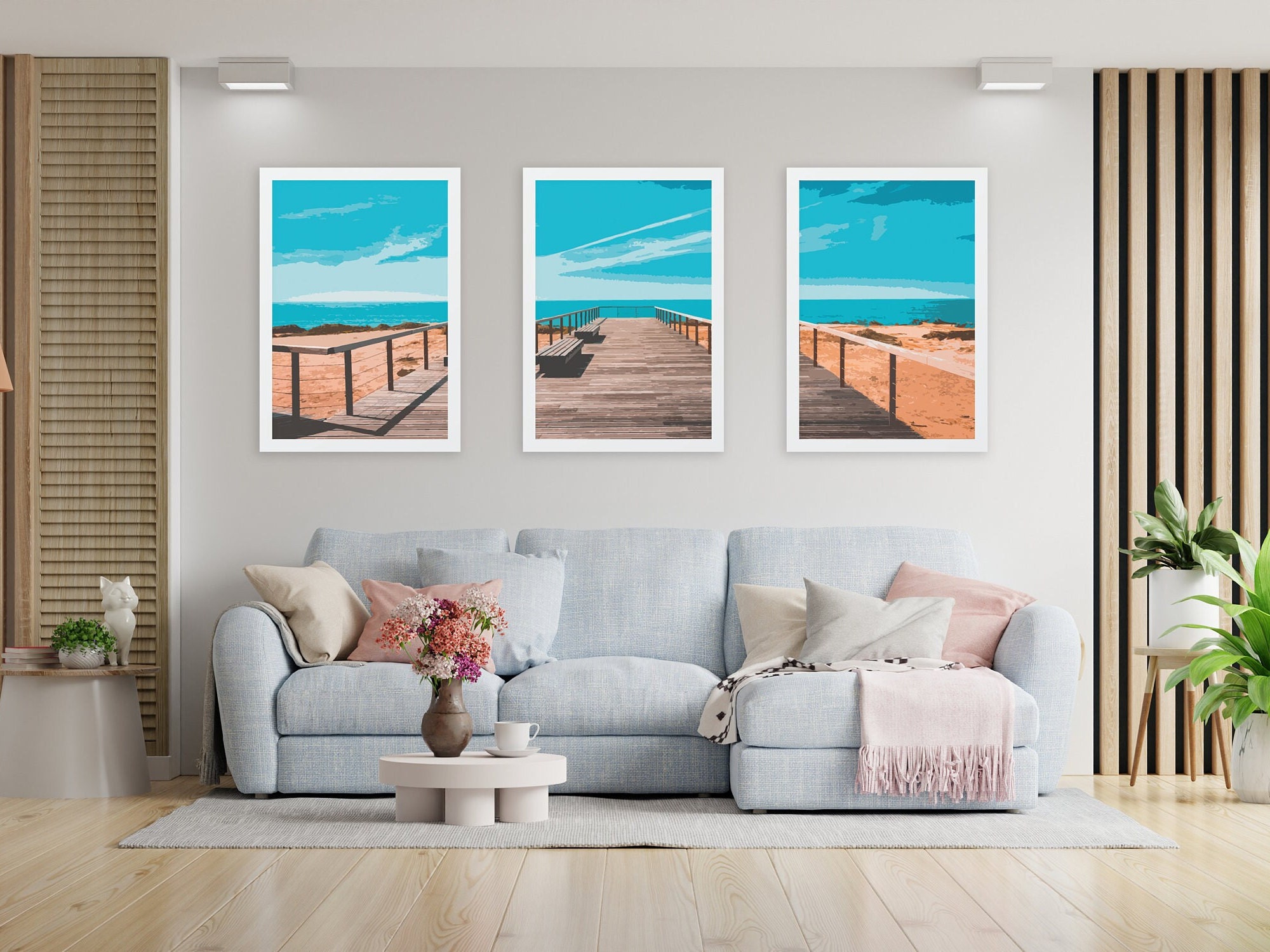 3 Piece Beach Wall Art, Panoramic Wall Art Beach Decor, Blue Sky ...