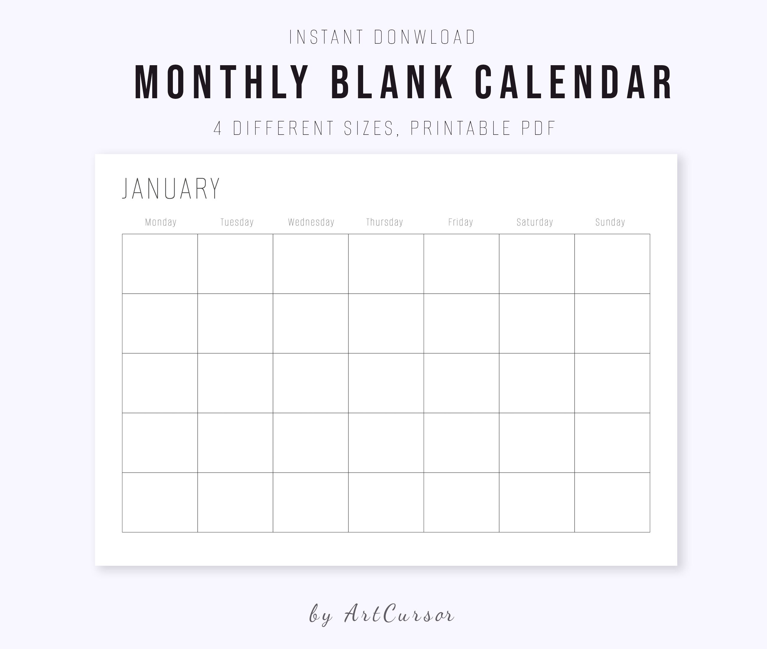 Monthly Calendar Printable, Blank Calendar PDF, Minimalist Calendar ...