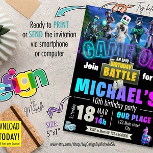 Personalised Childs Birthday Party invitations/invites ~ Fortnite FN5 