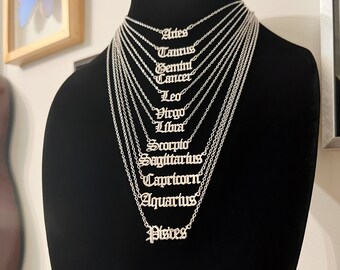 Zodiac Sign Nameplate Necklace, Stainless Steel Nameplate Necklace on Stainless Steel Chain