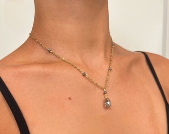 Patane Collection: Gray Iridescent Crystal Glass Bead Drop Necklace on Delicate Silver, Gold or Black Chain