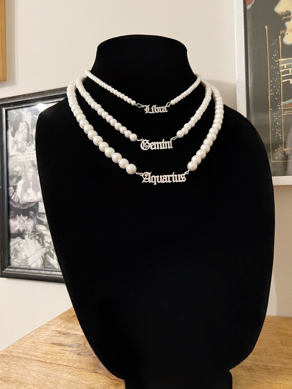 Pearl Zodiac Nameplate Necklace, Stainless Steel Nameplate Zodiac