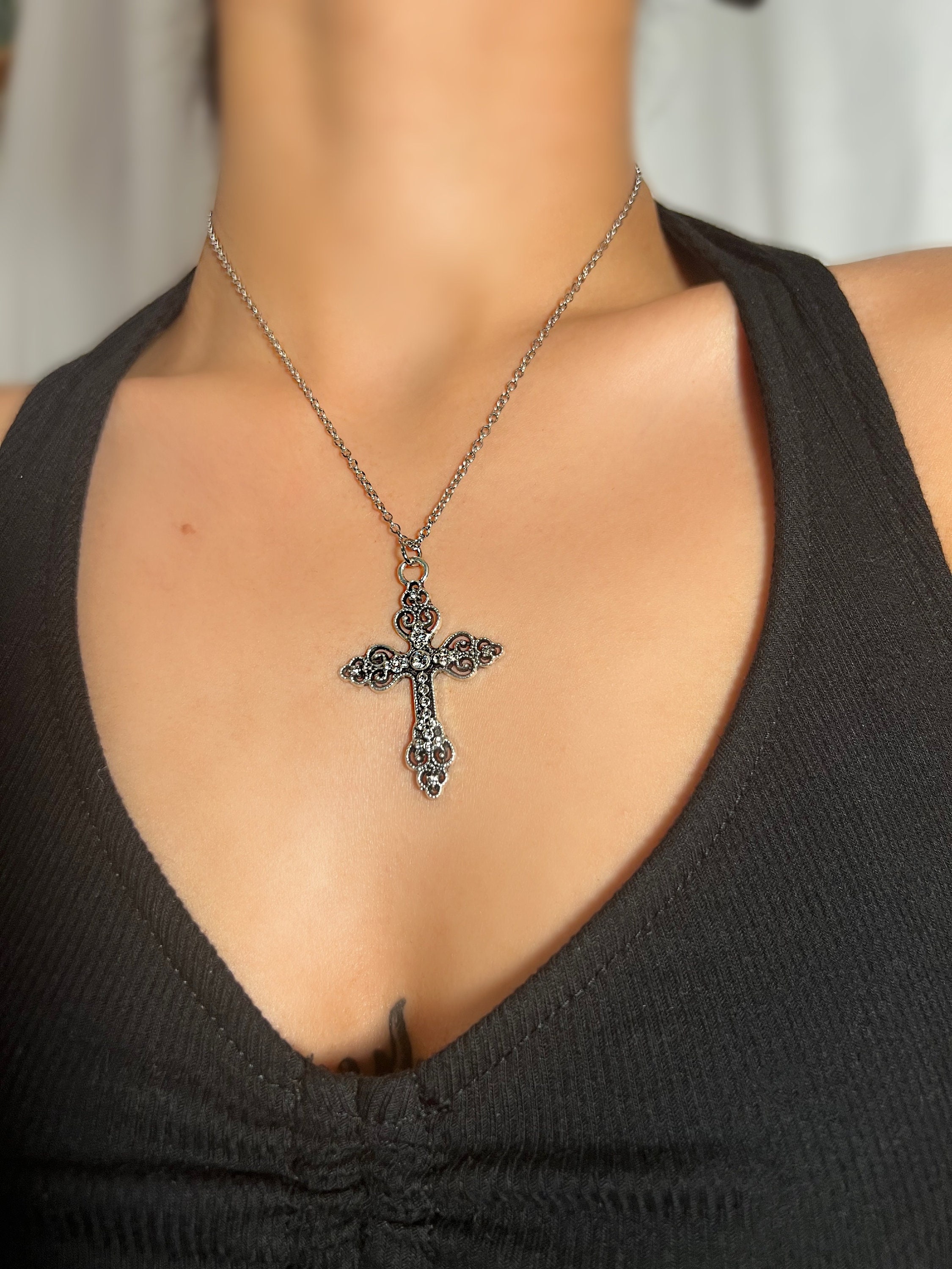 Black and Silver Cross Necklace - Etsy