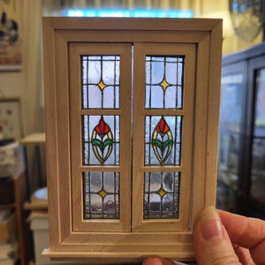 Miniature stained glass double hung working window 1:12 floral