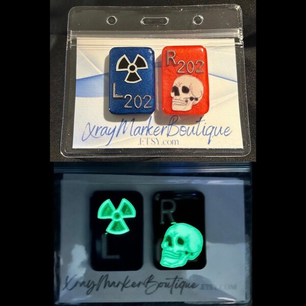Glow in the Dark Skull and Radiation symbol Xray Marker Set with blue radiation wave marker holder and adhesive included!