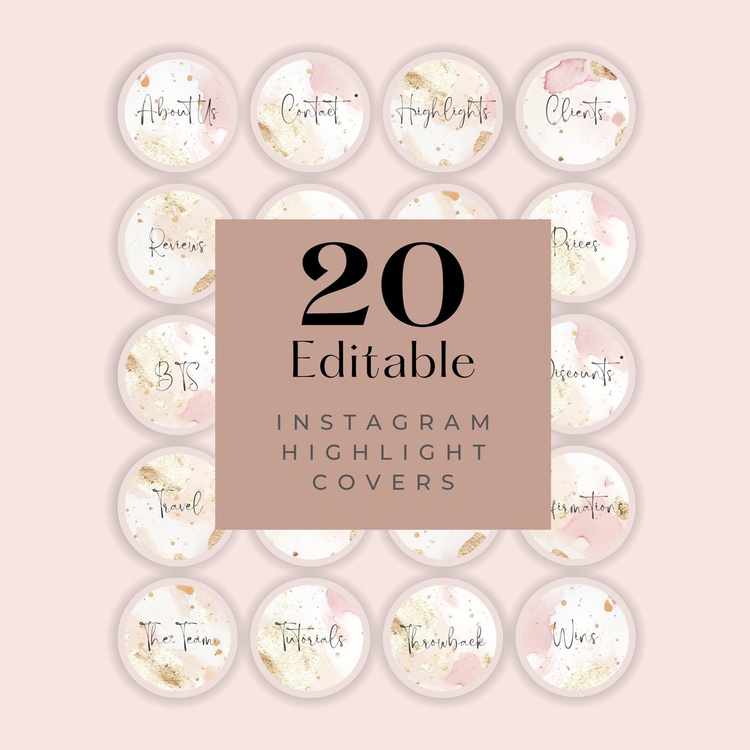 20 Watercolor Instagram Highlight Covers, Pink and Gold (digital ...