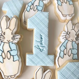 May include: A set of decorated sugar cookies featuring Peter Rabbit characters and a blue and white plaid number one cookie with the name "Asher" written on it.