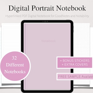 Pode incluir: Um caderno digital para GoodNotes e Notability com 32 cadernos diferentes, adesivos bônus e capas extras. O caderno é mostrado em um tablet com uma capa rosa e o texto "Notebook" na frente. O texto "FREE SAMPLE Available!" também é visível.