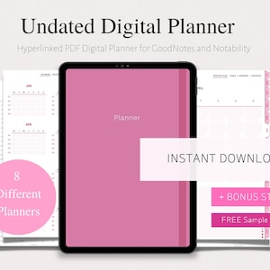 Puede incluir: Un planificador digital rosa con el texto "Undated Digital Planner" y "Planner" en la portada. El planificador está diseñado para usarse con las aplicaciones GoodNotes y Notability. La imagen también incluye el texto "Descarga instantánea", "Pegatinas de bonificación" y "¡Muestra gratuita disponible!"