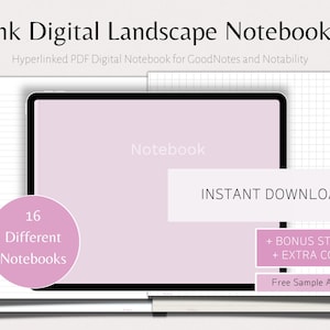 May include: Pink digital landscape notebook for GoodNotes and Notability. The image shows a pink digital notebook on a tablet screen with the text "Notebook" on the screen. The image also shows 16 different notebooks, bonus stickers, and extra covers. The text "Instant Download" and "Free Sample Available!" is also visible.