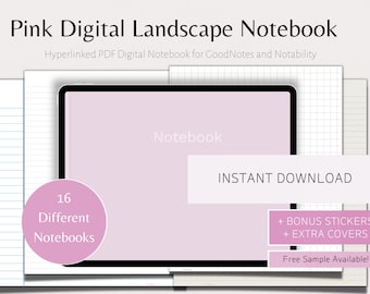 Landscape Digital Notebook for GoodNotes, 12 Tab Hyperlinked Notebook, Student Notebook, Notebook Ipad, Pink Digital Notebook