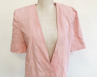 Vintage Leslie Fay Pink Petite Cropped Short Sleeve Linen-Like Blazer