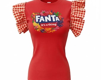 Fanta Logo Tee with Orange Plaid Gingham Ruffle Sleeve