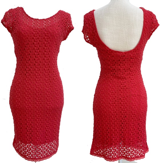 Vintage Free People Red Crochet Lace Fitted Dress… - image 1