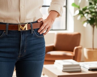 Vintage Brown Leather Belt with Gold Metal M Clasp