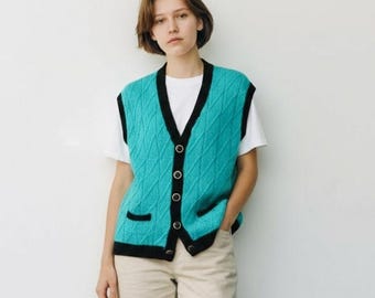 Vintage Handmade Teal Blue Knitted Cardigan Vest with Contrast Detail