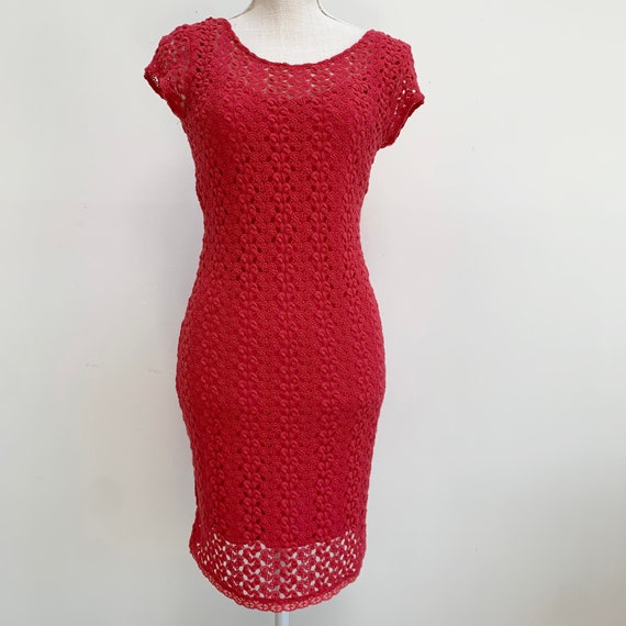 Vintage Free People Red Crochet Lace Fitted Dress… - image 2