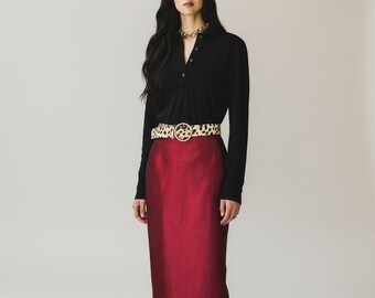 Due per Due for Bloomingdales Red Dupion Silk Pencil Skirt | High Waist | Luxury