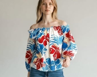 Royal Native Hawaiian Tropical Hibiscus Ruffle Sleeve Blouse