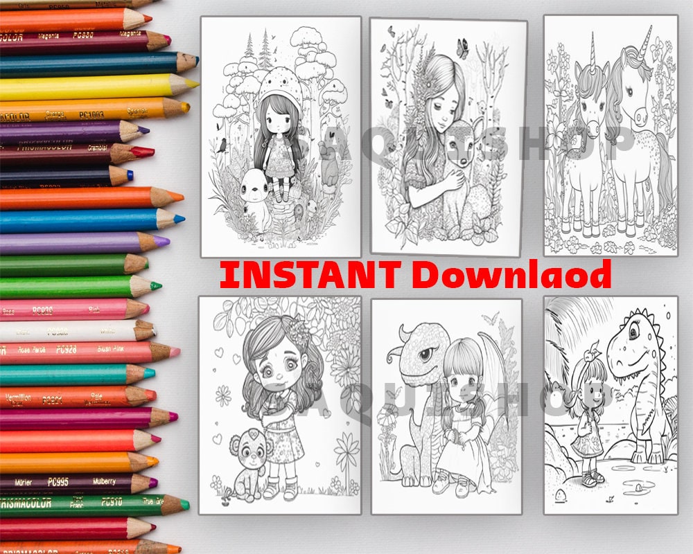 Fantasy Coloring Book Adults Kids, Instant Download, Grayscale Coloring